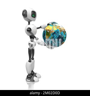 Un robot umanoide tiene il pianeta Terra nelle sue mani. Illustrazione su sfondo bianco. Concetto futuro con robotica intelligente e intelligen artificiale Foto Stock