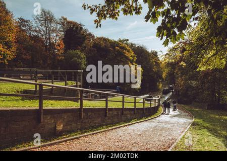 Persone che camminano sul canale-strada a lato in autunno da serratura, barche in viaggio - Sunlit Bingley 5 Rise Locks, Leeds Liverpool Canal, West Yorkshire Inghilterra UK. Foto Stock