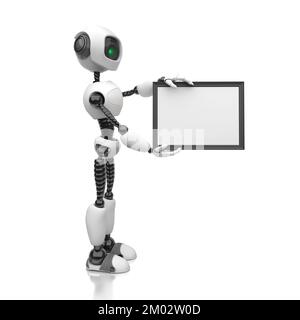 Un robot umanoide contiene un foglio bianco in una cornice nera su sfondo bianco. Concetto futuro con robotica intelligente e intelligenza artificiale. 3D Foto Stock