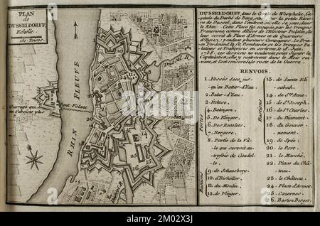 Mappa di Dusseldorf, 1758. Pubblicato nel 1765 dal cartografo Jean de Beaurain (1696-1771) come illustrazione della sua Grande carta della Germania, con gli eventi che si sono verificati durante la Guerra dei sette anni. Edizione francese, 1765. Biblioteca storica militare di Barcellona (Biblioteca Histórico Militar de Barcelona). Catalogna. Spagna. Foto Stock