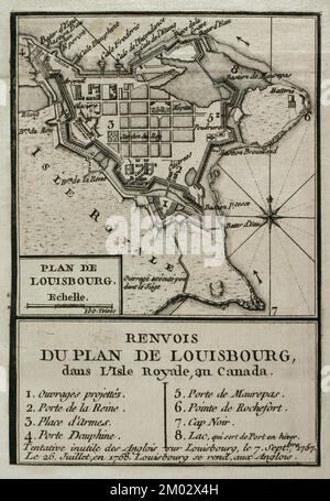 Mappa di Louisbourg, Canada. Nova Scotia. Raffigura il successo dell'assedio della grande fortezza francese da parte degli inglesi nel 1758 che infine presero Louisbourg il 26 luglio 1758. Pubblicato nel 1765 dal cartografo Jean de Beaurain (1696-1771) come illustrazione per la sua Grande carta della Germania, con gli eventi che si sono verificati durante la Guerra dei sette anni. Guerra dal 1755 al 1763. Edizione francese, 1765. Incisione. Biblioteca storica militare di Barcellona (Biblioteca Histórico Militar de Barcelona). Catalogna. Spagna. Foto Stock