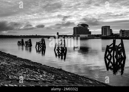 Cardiff Bay al tramonto, guardando verso Penarth con i resti delle vecchie jetties in legno in primo piano. Fotografia in bianco e nero Foto Stock