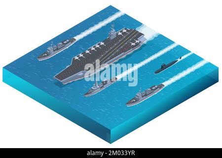 Gruppo di battaglia Isometric Carrier. Flotta navale costituita da una nave portaerei capitale e il suo grande numero di scorte, insieme definendo il Illustrazione Vettoriale