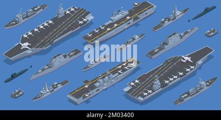 Gruppo di battaglia Isometric Carrier. Flotta navale costituita da una nave portaerei capitale e il suo grande numero di scorte, insieme definendo il Illustrazione Vettoriale