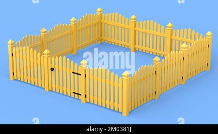 Recinzione in legno di picket su sfondo blu che separa gli oggetti. 3d rendere concetto di sicurezza o separazione sul cortile Foto Stock