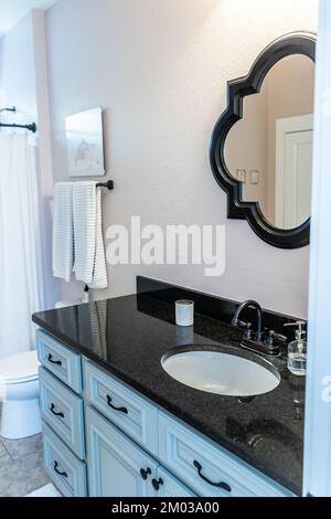 Stanza da bagno singola al piano inferiore con lavandino nero Foto Stock