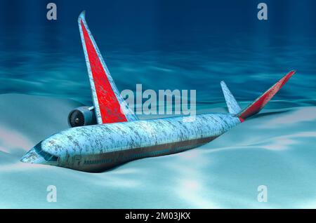 Piano ribassato. Aeroplano sul fondo dell'oceano sott'acqua. Rendering 3D Foto Stock