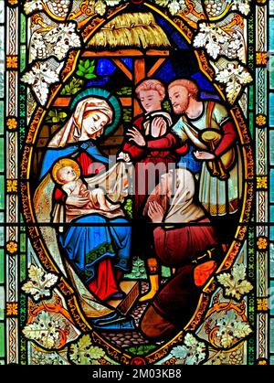 La Natività, nascita di Gesù, vetrate, di Ward & Hughes, 1869, Stanhoe chiesa, Norfolk, Inghilterra, REGNO UNITO Foto Stock