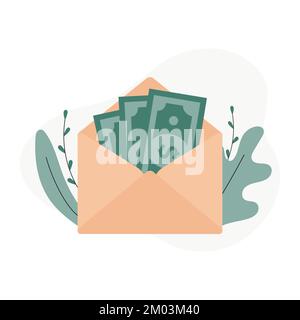 Busta aperta con denaro. Bollette in dollari. Concetto di salario, guadagno e risparmio. Illustrazione vettoriale Illustrazione Vettoriale