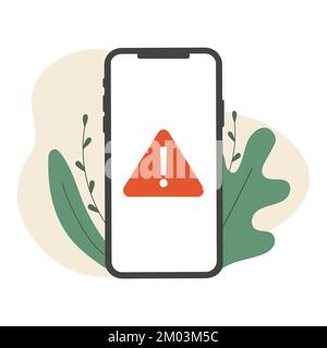 Avviso, notifica del telefono cellulare, avviso, virus, errore, concetti importanti del messaggio. Smartphone con punto esclamativo sullo schermo. Design moderno e piatto Illustrazione Vettoriale