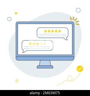 Recensioni dei clienti. L'utente esamina Bubble sul computer. Feedback, concetto di esperienza. Notifiche di revisione online con classificazioni a stelle. Stile piatto. Vettore Illustrazione Vettoriale