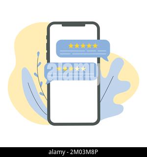 I clienti di WebFeedback riesaminano sullo schermo di un telefono. Persone che valutano il prodotto, il servizio. Concetto di feedback sulla valutazione del sito Web. Illustrazione piatta vettoriale alla moda Illustrazione Vettoriale