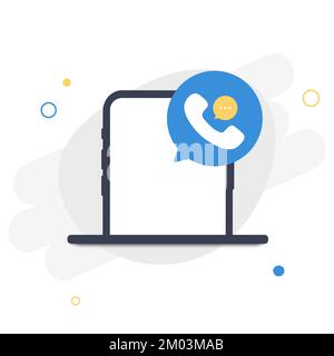 Smartphone con icona del call center e fumetto su sfondo bianco. Conversazione con la hotline del servizio di assistenza e l'icona del call center. Piatto vettoriale Illustrazione Vettoriale