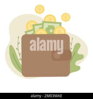 Portafoglio marrone con carta verde e monete d'oro. Concetto di pagamento online. Finanza, investimenti, risparmio di denaro. Semplice oggetto carino cartone animato trendy Illustrazione Vettoriale