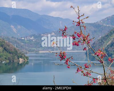 Vista soleggiata del lago artificiale di Wushe a Nantou, Taiwan Foto Stock