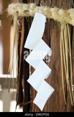 Albero sacro giapponese nel santuario shintoista di kyoto - Shimenawa no Shide Foto Stock