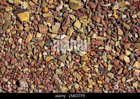 Ciottoli di argillite rossi e verdi alterati da vecchie rocce sott'acqua sul lago Cameron, Waterton Lakes National Park, Canada. Foto Stock