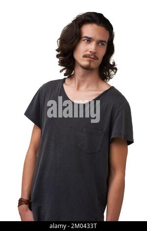 Ha un bel look robusto. Bel giovane uomo in abbigliamento casual guardando lateralmente - isolato. Foto Stock