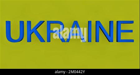 Iscrizione UCRAINA in blu su sfondo giallo. rendering 3d. Foto Stock