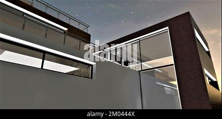 Astrazione architettonica notturna sullo sfondo del cielo notturno. Un eccellente banner per una pubblicazione sulla vendita di immobili suburbani. Foto Stock