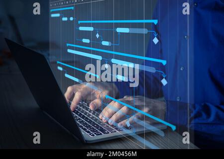 Project manager che lavora con la pianificazione del grafico Gantt per pianificare attività e risultati finali. Pianificazione delle attività con il software di pianificazione. Diam. Gestione progetti Foto Stock