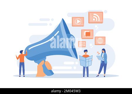 Piccolo peple, responsabile di vendita con il megaphone e la pubblicità di spinta. Spingere la pubblicità, strategia di marketing tradizionale, interruzione del concetto di marketing. f Illustrazione Vettoriale