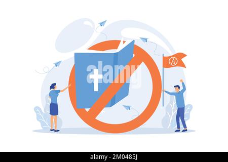 Le persone più piccole atei contro la religione e la Bibbia vietato segno. Visione del mondo ateo, assenza di fede nelle divinità, concetto di scetticismo religioso. piatto Illustrazione Vettoriale