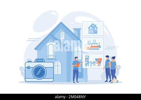 Coppia che sceglie l'appartamento. Fotografia immobiliare, servizi di fotografia immobiliare, fotografia per gli agenti immobiliari e concetto pubblicitario. mod. vettore piatto Illustrazione Vettoriale