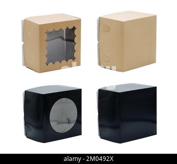 Scatole di cartone bianche e nere con finestre in plastica trasparente di diversa forma. Su sfondo bianco. Posizionato sul lato Foto Stock