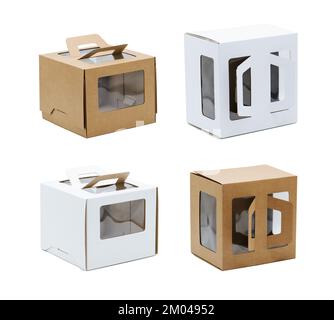 Scatole di cartone con finestrature beige e bianco con maniglie. Su sfondo bianco. Metà posta regolarmente, metà sul lato Foto Stock