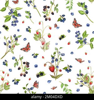 Acquerello disegnato a mano senza cuciture patten. Succosa mirtillo, mora e fragola selvatica con farfalle. Illustrazione acquerello per la progettazione di imballaggi, Foto Stock