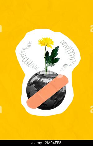 Collage foto immagine dell'ultimo fiore fioritura terra salvare pianeta fermare plastica inquinamento aria aiutare ecologia intonaco isolato su sfondo giallo Foto Stock