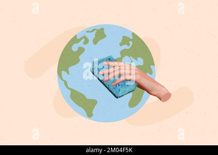 Creative abstract collage template immagine grafica del braccio di lavaggio wisp pianeta miniatura isolato sfondo disegno Foto Stock