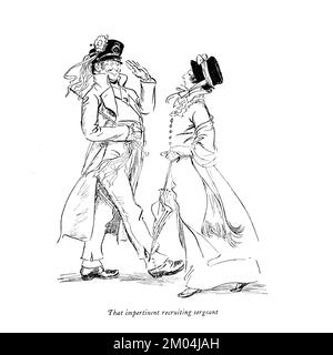 Quel sergente impertinente reclutante da ' Quality Street, una commedia in quattro atti ' di James Matthew Barrie, illustrato da Hugh Thomson, Pubblicazione data 1913 Editore London Hodder & Stoughton Quality Street è una commedia in quattro atti di J. M. Barrie, scritta prima del suo più famoso lavoro Peter Pan. La storia riguarda due suore che iniziano una scuola 'per bambini genteel'. Foto Stock