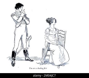 Sei un Flirt scioccante da ' Quality Street, una commedia in quattro atti ' di James Matthew Barrie, illustrato da Hugh Thomson, Pubblicazione data 1913 Editore London Hodder & Stoughton Quality Street è una commedia in quattro atti di J. M. Barrie, Scritto prima della sua più famosa opera Peter Pan. La storia riguarda due suore che iniziano una scuola 'per bambini genteel'. Foto Stock