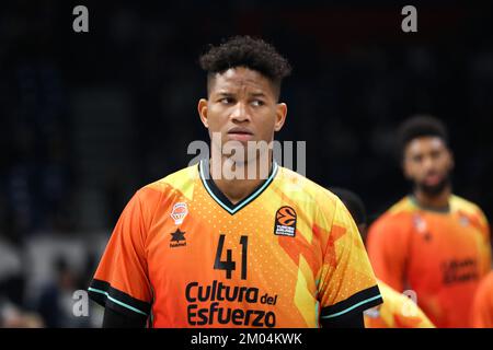 Belgrado, Serbia, 1st dicembre 2022. Jasiel Rivero di Valencia Basket reagisce durante la partita Eurolega della Turkish Airlines del 2022/2023 tra Partizan Mozzart Bet Belgrade e Valencia Basket alla Start Arena di Belgrado, in Serbia. Dicembre 1, 2022. Credito: Nikola Krstic/Alamy Foto Stock