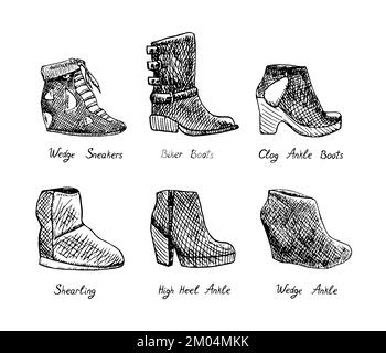 Sneakers a cuneo, Biker Boots, caviglia di ostruzione , Shearling , tacco alto, Caviglia a cuneo, sagoma isolata disegnata a mano, disegno, illustrazione in bianco e nero Foto Stock