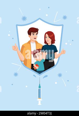 La famiglia vaccinata è protetta dal coronavirus e dall'influenza da uno scudo immunitario. Concetto di potere della vaccinazione. Illustrazione vettoriale in piano Illustrazione Vettoriale