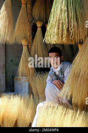 Herat, Provincia di Herat / Afghanistan: Un venditore di spazzole siede nel suo negozio nel mercato di Herat, nell'Afghanistan occidentale. Foto Stock