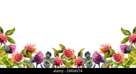 Acquerello trifogli rosa con banner foglie su sfondo bianco. Estate fiori selvatici decorazione floreale. Clipart Rustic Wedding. Clover simbolo fortunato. Foto Stock