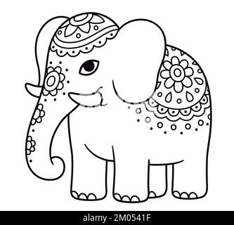 Carino cartone animato decorato elefante doodle. Elefante indiano con fiori dipinti. Line art bianco e nero per la colorazione. Illustrazione della clip vettoriale. Illustrazione Vettoriale