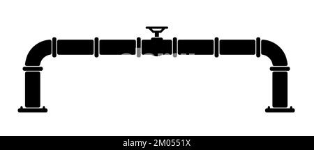 Tubazioni per acqua, olio o gas con raccordi e valvole. Pipeline e rubinetto nero, aperto, chiuso. Icona o pittogramma della valvola a globo. Simbolo di raccordo tubo vettoriale. W Foto Stock