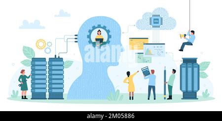 Illustrazione vettoriale dell'intelligenza artificiale e dell'apprendimento automatico. Cartoon persone piccole lavorano con algoritmi e codici, circuiti neurali tra computer e cervello artificiale in astratto testa umana, l'innovazione informatica Illustrazione Vettoriale
