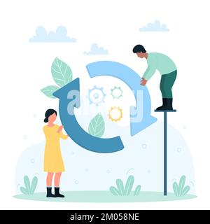 Processo di aggiornamento delle applicazioni, installazione del software e illustrazione del vettore di avanzamento della sincronizzazione. Cartoon persone minuscoli che detengono l'icona circolare di aggiornamento loop con ruote dentate, ingranaggi all'interno, lavorare allo sviluppo del sistema Illustrazione Vettoriale
