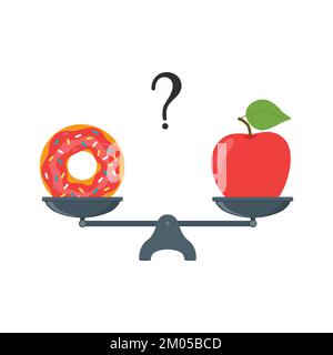 Mela e ciambella sulle bilance. Concetto di dieta. Cibo sano e malsano. Perdita di peso, stile di vita sano, nutrizione adeguata. Illustrazione Vettoriale