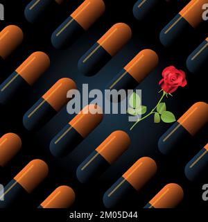 illustrazione vettoriale surreale delle pillole della medicina nera e arancione allineate con una rosa rossa su uno sfondo nero - concetto di dipendenza della medicina Illustrazione Vettoriale
