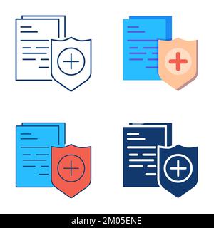 Assicurazione sanitaria icona set in stile piatto e di linea. Modulo di documento medico e protezione. Illustrazione vettoriale Illustrazione Vettoriale