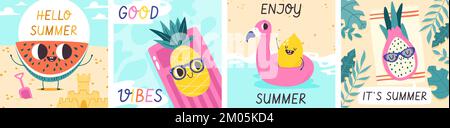 Ciao estate poster fenicotteri e frutta positiva personaggi cartoni animati. Beach party, carino cocomero limone e ananas snugly vettore luminoso cartoline Illustrazione Vettoriale