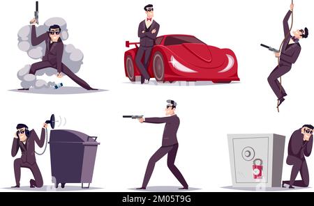 Agente segreto. Personaggi spia in azione pone poliziotto o detective lavorando in movimento con la pistola vettore esatto cartoni animati persone Illustrazione Vettoriale