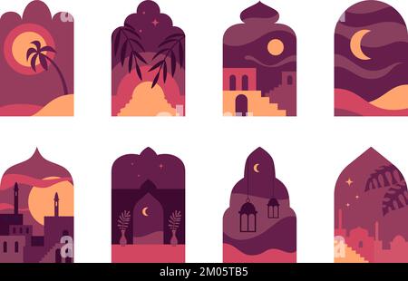 Finestre orientali. Autentico paesaggio islamico bella vista sulla moschea da arabic finestre decorative cornici esatte vettore modelli di cartone animato Illustrazione Vettoriale